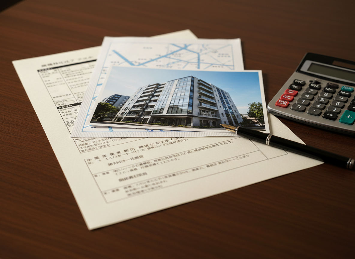 A detailed close-up of a real estate property file prepared by 有限会社テラオカ, placed on a smooth, dark-wood desk. The main subject is a neatly stacked set of printed property evaluation sheets with crisp typography, accompanied by a stapled site map and a glossy color photo of a modern apartment façade. Beside the documents rests a silver calculator and a thin, black fountain pen aligned parallel to the paper’s edge. Soft, warm overhead lighting creates gentle, precise shadows that emphasize the texture of the paper and the fine grain of the wood, conveying meticulous attention to detail. Shot from a slightly elevated, tight composition with shallow depth of field, the foreground documents are tack-sharp while the background desk surface falls into a subtle blur, delivering a professional, trustworthy photographic realism ideal for illustrating careful investment analysis.