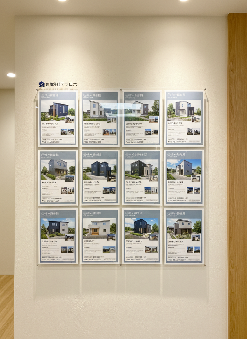 An elegant wall-mounted real estate listing display inside the 有限会社テラオカ office, featuring a grid of illuminated A4-sized acrylic frames holding mock property flyers. Each flyer shows a photo of a modern home or apartment, floor plan thumbnails, and neatly organized Japanese text, all designed with a consistent layout. The wall behind is finished in warm, textured off-white plaster, with a slim vertical strip of light wood paneling at one side. Recessed ceiling lights cast soft, even illumination across the display, creating subtle reflections on the acrylic surfaces. The atmosphere is orderly and sophisticated, emphasizing transparency and choice. Photographed straight-on at eye level with sharp focus across the frame, the image embodies a clean, contemporary photographic style perfect for conveying an organized, client-friendly property lineup.