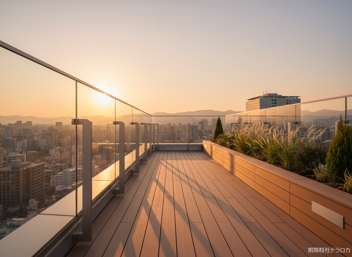 A rooftop terrace of a newly built Japanese condominium at golden hour, representing a premium property offered by 有限会社テラオカ. The terrace is finished with warm-toned composite decking, sleek glass railings with brushed metal posts, and a built-in planter box filled with ornamental grasses and small evergreens. Beyond the railing, a distant city skyline and low mountains are softly visible under a glowing orange sky. The sun, low on the horizon, casts long, warm highlights across the deck and railings, creating a luxurious yet tranquil mood. The space is empty of furniture and people, emphasizing clean architecture and potential. Shot from a low angle looking toward the skyline, with deep depth of field and realistic photographic rendering, the composition communicates openness, long-term value, and aspirational urban living.