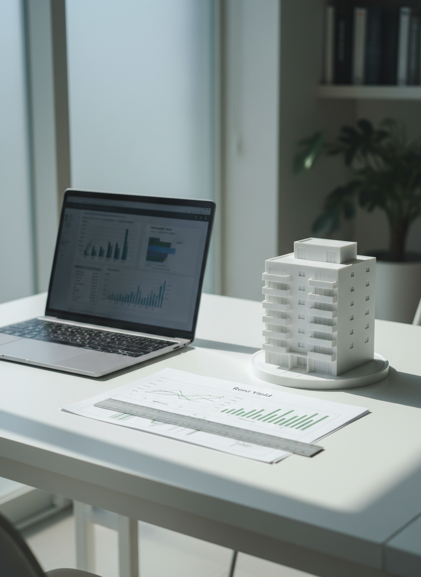 A minimalist real estate investment planning scene in a refined office setting, featuring a clean white desk with a slim open laptop displaying a blurred property analytics screen, a small stack of printed rent yield charts, and a precise metal ruler aligned along the paper’s edge. A simple architectural model of a mid-rise apartment building made of smooth white resin stands to one side, its windows and balconies sharply defined. Cool daylight from a nearby window creates gentle, directional light and soft shadows, emphasizing edges and precision. The mood is analytical yet calm, implying thorough support for investment decisions. Captured from a slightly elevated perspective with moderate depth of field, the model and charts are in crisp focus while the laptop fades softly, all rendered in photographic realism with a clean, professional Japanese office aesthetic.