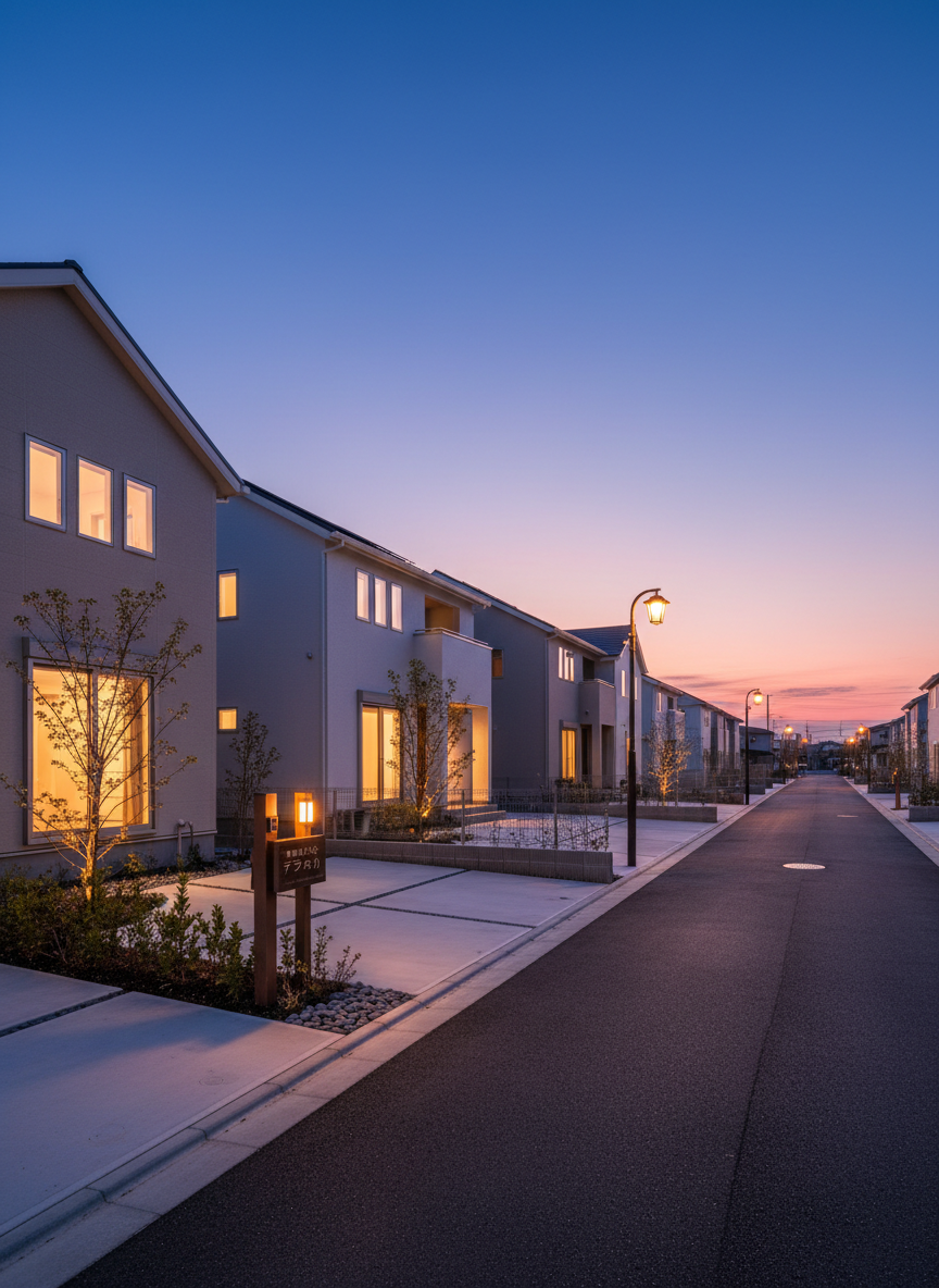 A serene suburban Japanese street at dusk featuring a row of well-maintained detached homes that might be listed by 有限会社テラオカ. Each house has a pale neutral exterior, clean lines, and small, landscaped front gardens with trimmed hedges and stone edging. Warm interior lights glow through the windows, hinting at comfortable living without showing any occupants. The sky is a soft gradient from deep blue to gentle orange, while newly paved asphalt and tidy sidewalks add to the sense of order. Streetlights are just beginning to turn on, casting elongated, soft-edged shadows. Photographed from an eye-level angle looking down the street with a deep depth of field, the composition feels calm, secure, and aspirational, rendered in realistic, high-resolution photographic style ideal for conveying neighborhood appeal and long-term stability.