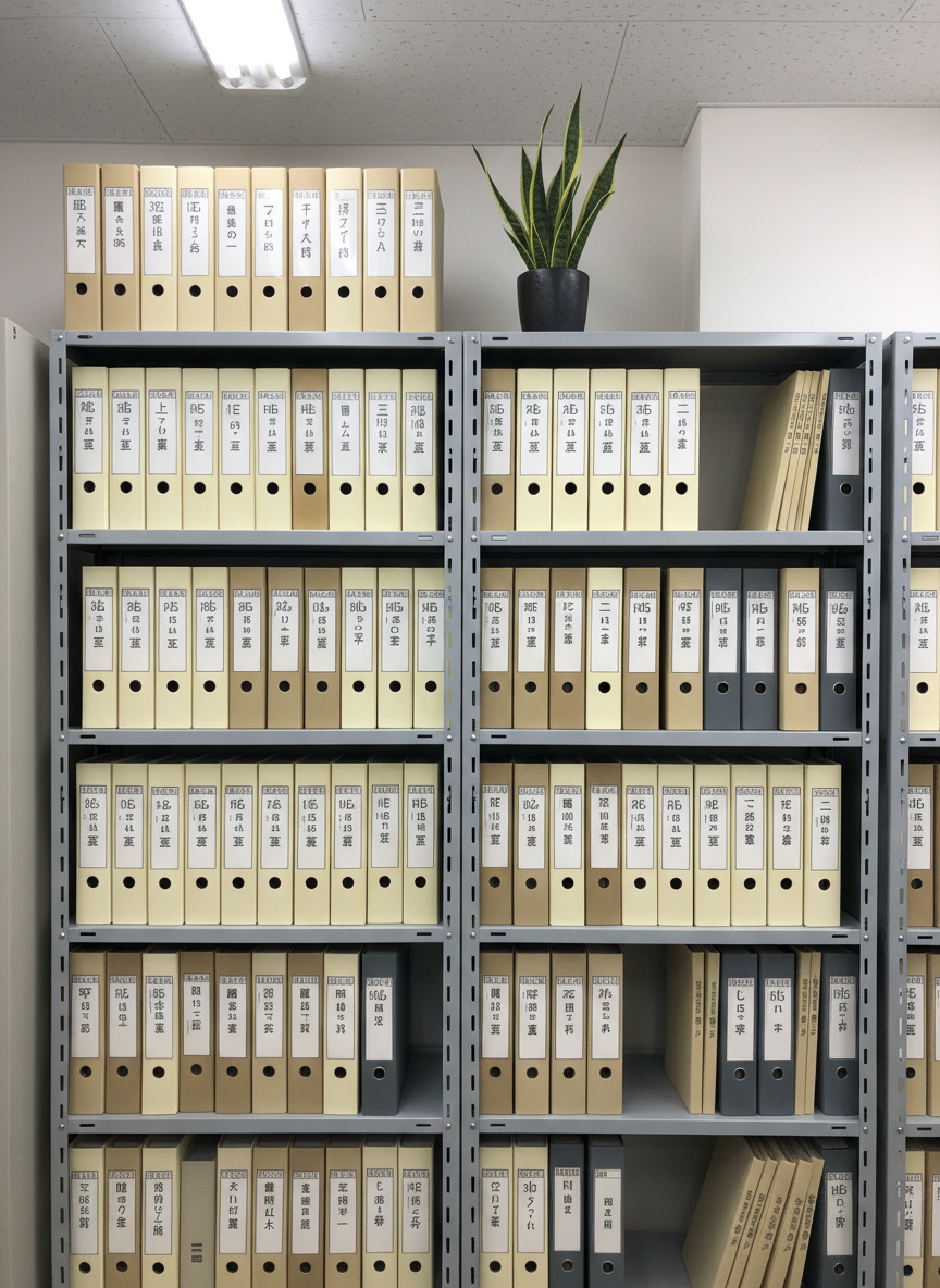 A carefully organized archive shelf inside 有限会社テラオカ’s back office, symbolizing many years of trust and experience. Sturdy metal shelves painted in soft matte gray hold perfectly aligned rows of labeled document boxes and thick property binders in neutral tones. Each spine features neat Japanese labeling, subtly indicating years and property categories. Gentle, cool fluorescent ceiling light illuminates the shelves evenly, casting thin, orderly shadows that emphasize structure and longevity. A single potted plant on the top shelf introduces a touch of green, breaking the visual monotony while maintaining a professional aesthetic. Photographed straight-on with a medium focal length and sharp focus across the entire frame, the image has a quiet, documentary-style realism that conveys reliability, meticulous record-keeping, and long-term client support.