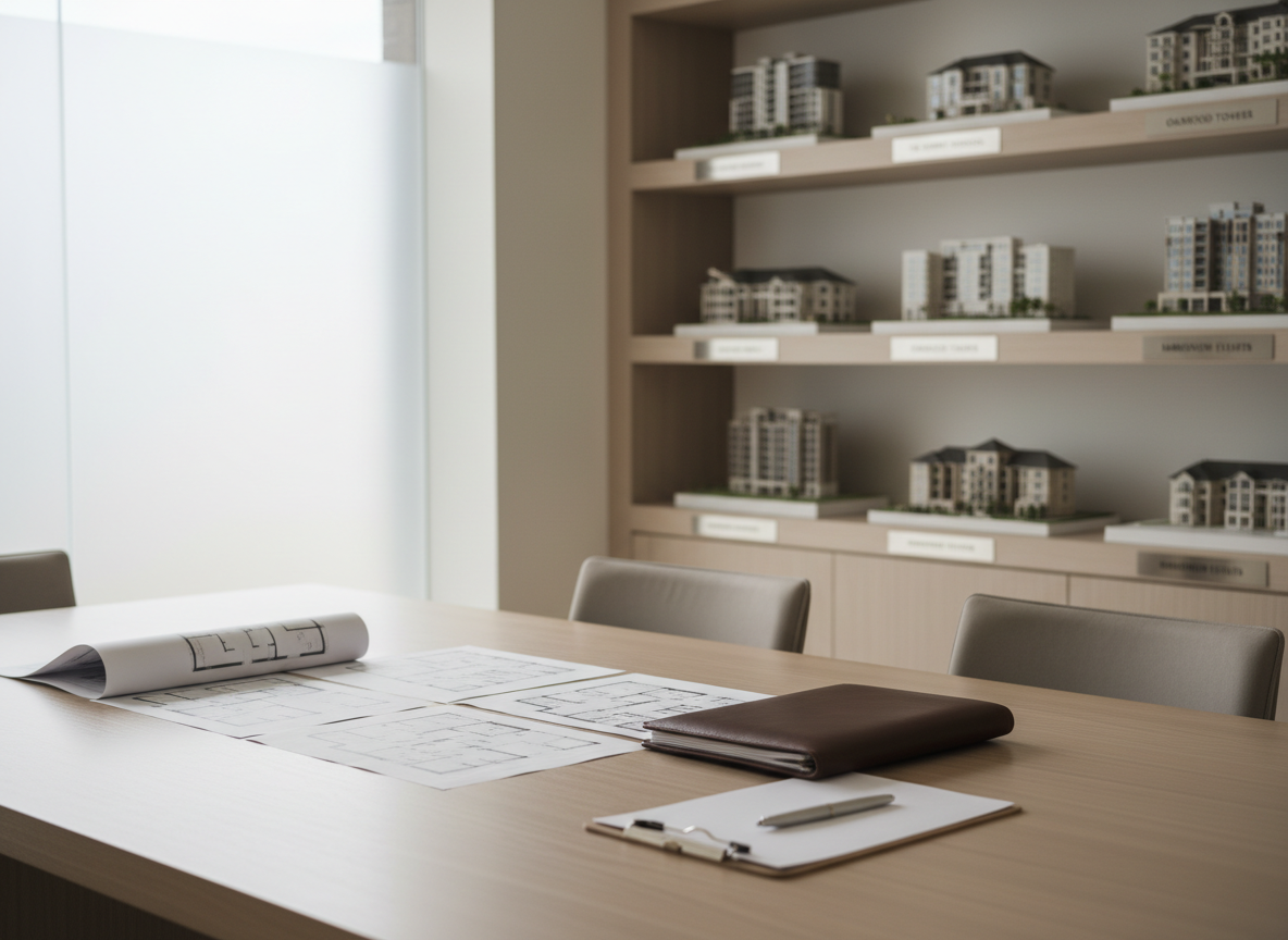 A bright, modern real estate consultation space featuring a large, light-wood conference table neatly arranged with open floor plans, a closed leather-bound property portfolio, and a sleek silver pen aligned beside a clipboard. In the background, a built-in shelving unit displays scale models of residential buildings and investment properties, each labeled with subtle metallic nameplates. Soft, diffused daylight streams through a frosted glass window, creating a calm, evenly lit environment with minimal shadows. The color palette is dominated by warm neutrals, soft whites, and subtle grays, conveying professionalism and reliability. Shot from a slightly elevated angle with moderate depth of field, the foreground documents are in crisp focus while the background models are gently blurred, achieving a photographic realism that underscores attentive, meticulous support for clients.